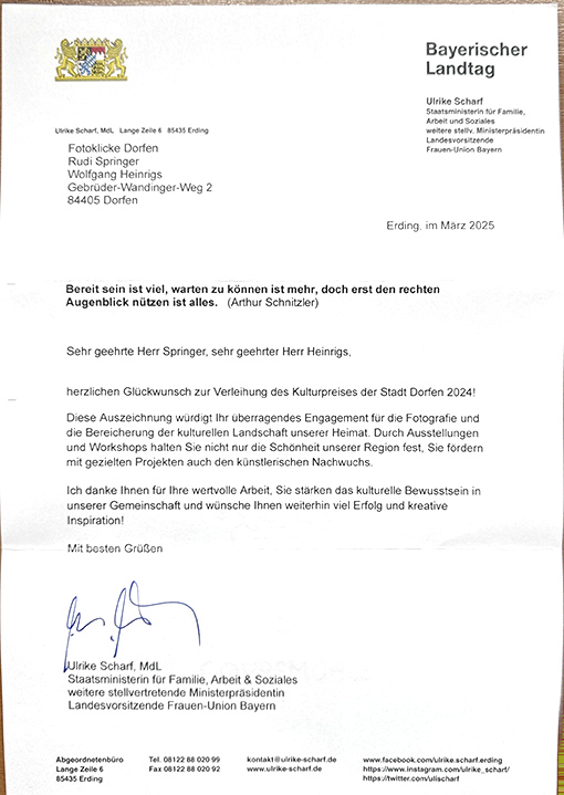 Glückwunschschreiben von MdL Ulrike Scharf